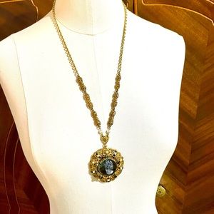 Vintage West Germany Filigree Gold Tone Cameo Pendant Necklace.